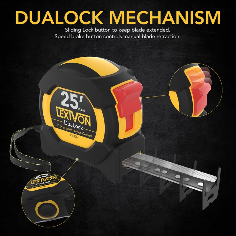 LEXIVON [3-Pack] 25Ft/7.5m DuaLock Tape Measure | 1-Inch Wide Blade with Nylon Coating, Matte Finish White & Yellow Dual Sided Rule Print | Ft/Inch/Fractions/Metric (LX-206X3) - Image 5